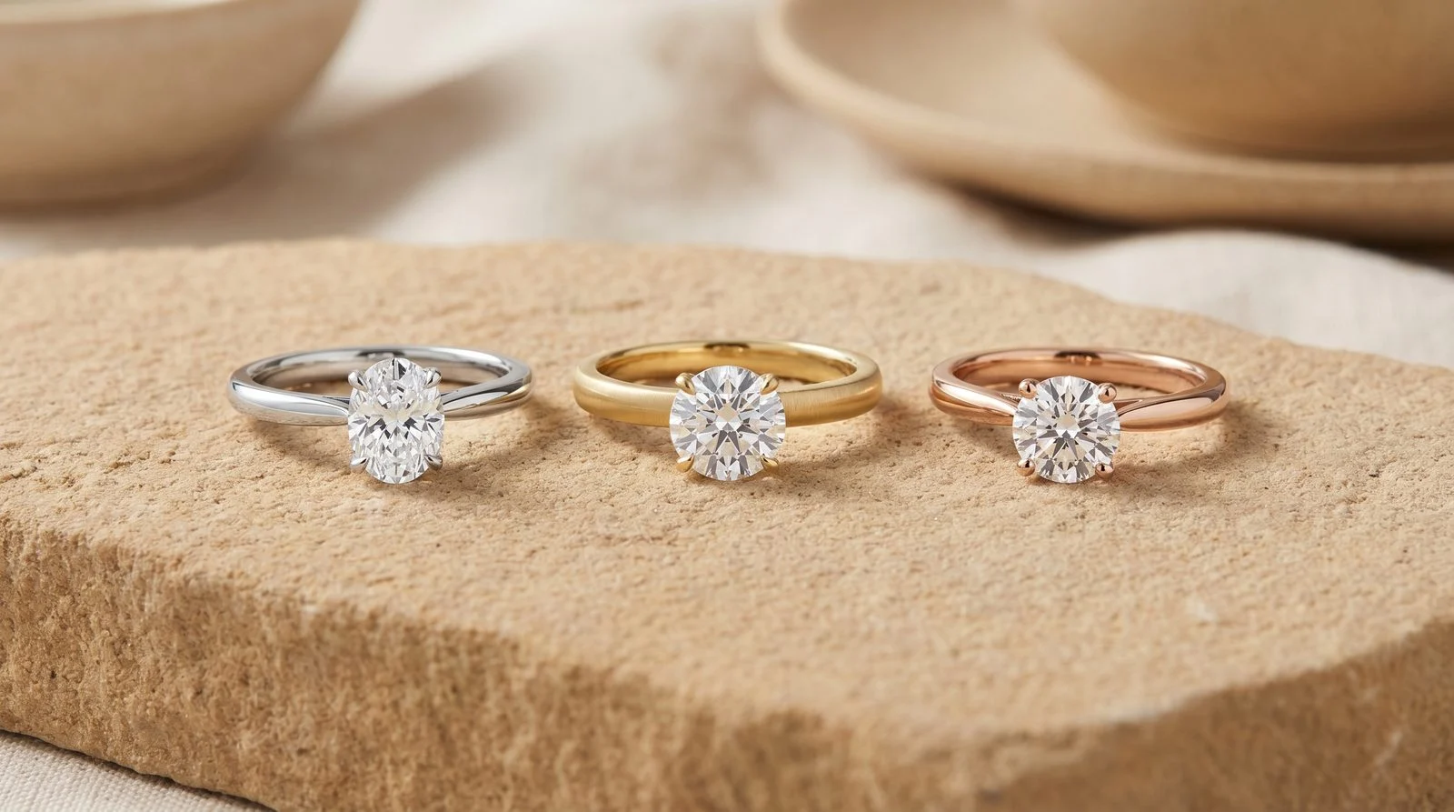 Drei Verlobungsringe im Vergleich – Lab-Diamant, Moissanit und Naturdiamant Solitäre in Weiß-, Gelb- und Roségold