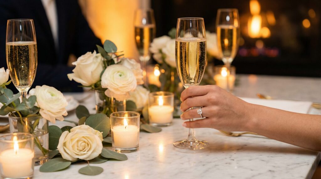Verlobungsfeier planen – Champagnergläser und Verlobungsring auf eleganter Tischdekoration