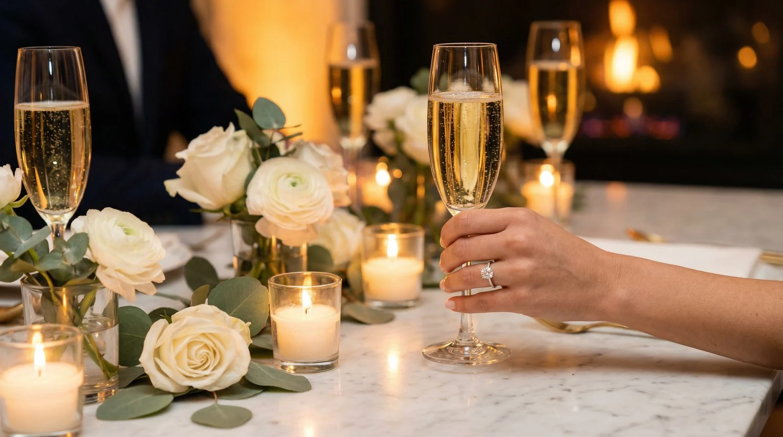 Verlobungsfeier planen – Champagnergläser und Verlobungsring auf eleganter Tischdekoration