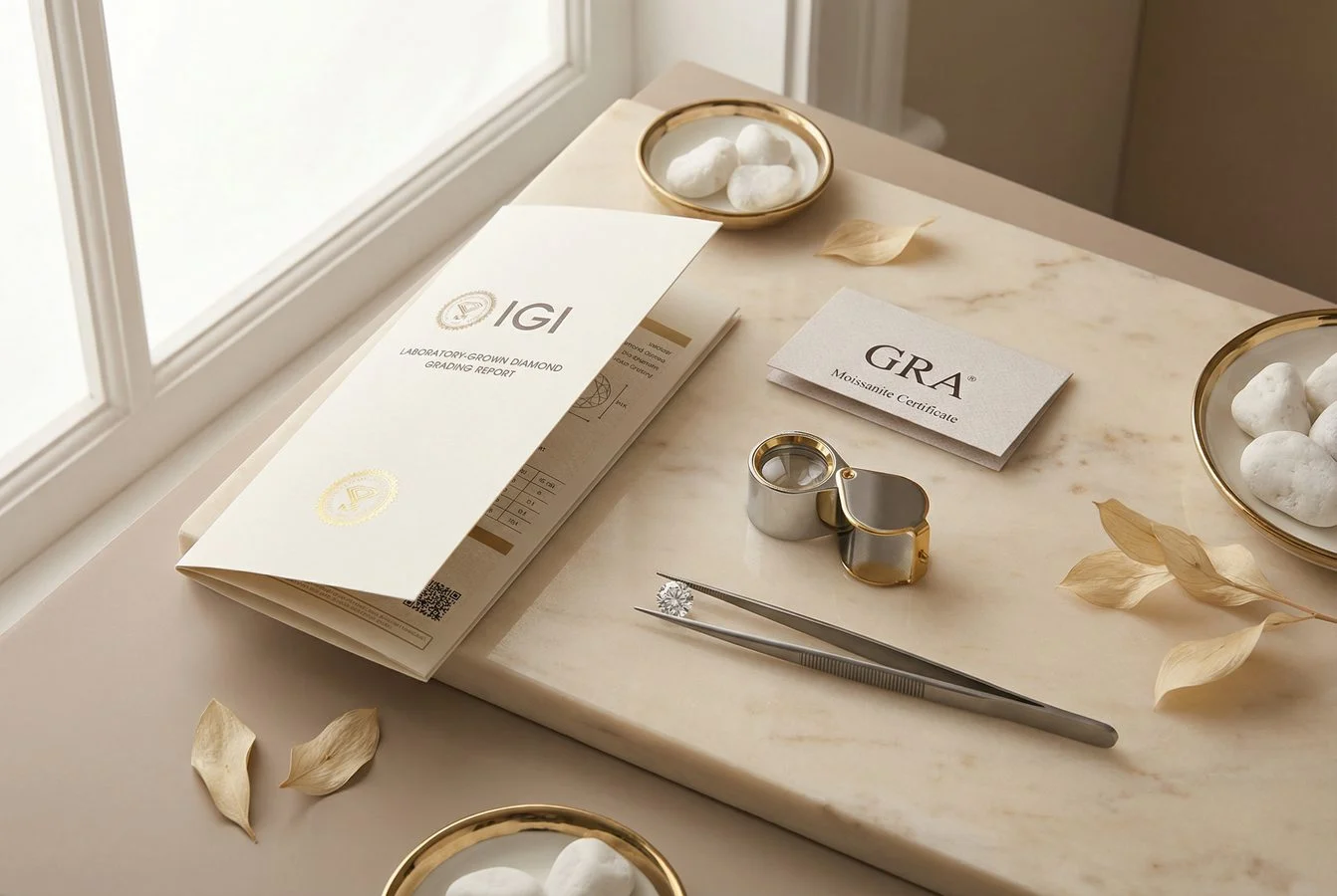 IGI Laboratory-Grown Diamond Report with a loose diamond, magnifying glass, and tweezers on velvet