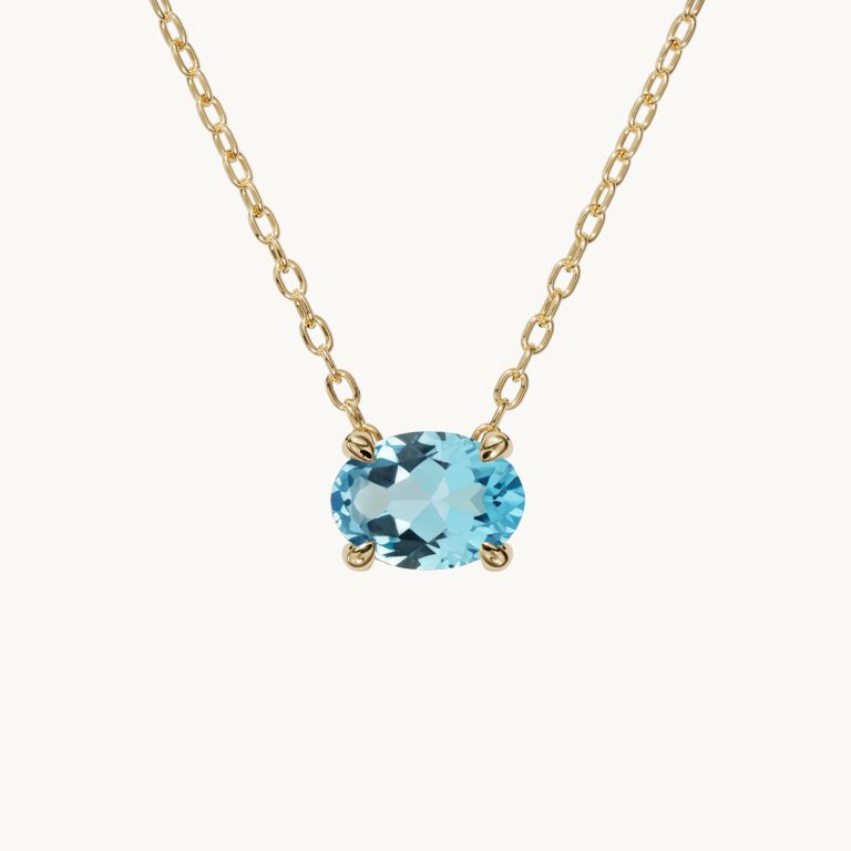 Amélie-geboortesteen-ketting, horizontaal, met aquamarijn in verguld zilver