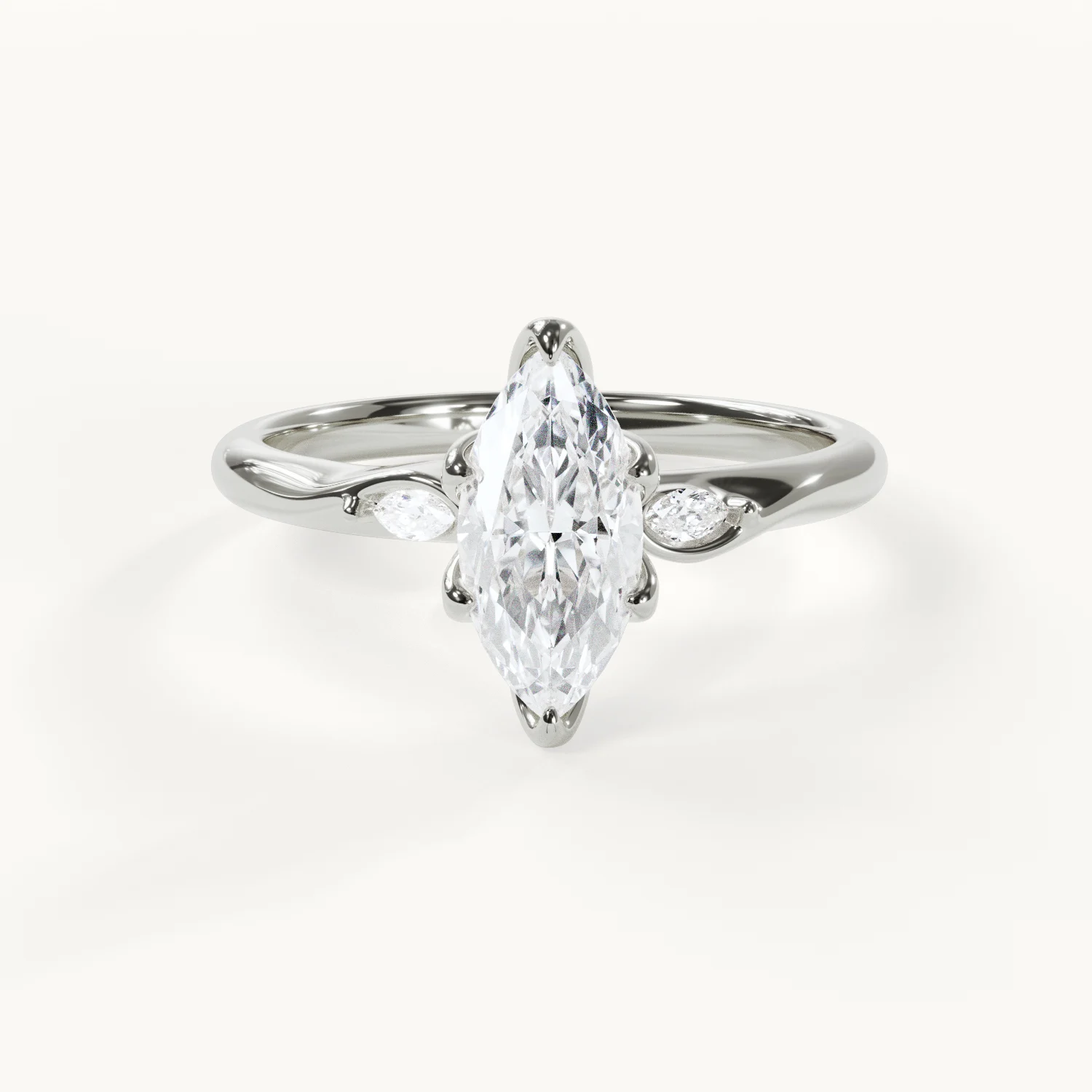 Marielle - Marquise Ring mit Akzentsteinen und Tulpenfassung - Weißgold / Platin, 1 ct.