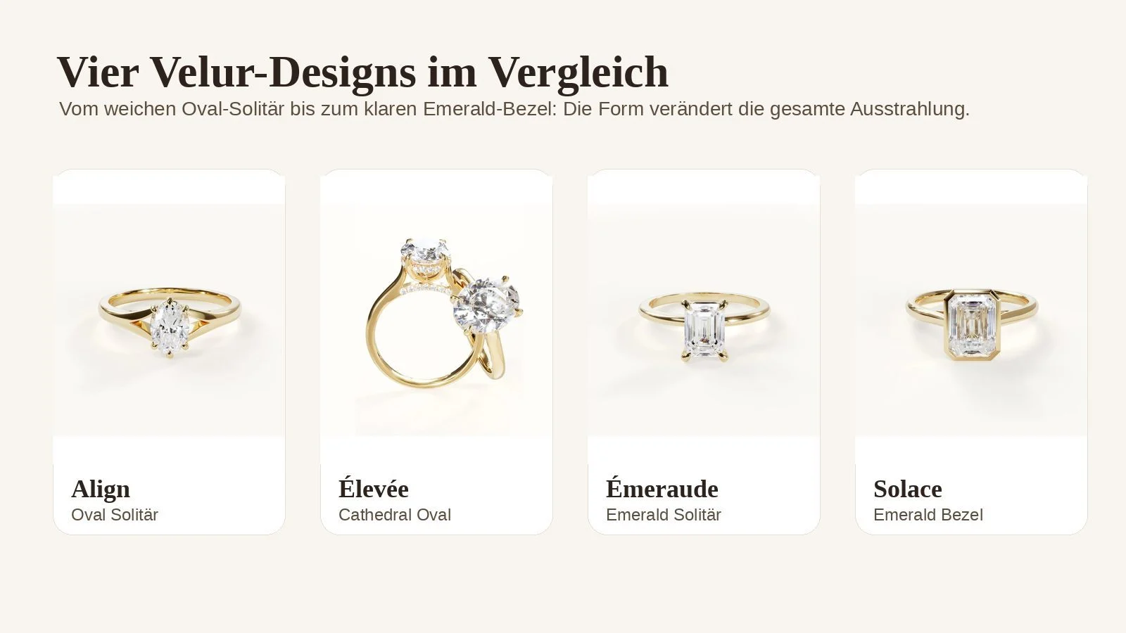 Vier Velur Verlobungsringe mit Oval und Emerald Cut im Vergleich