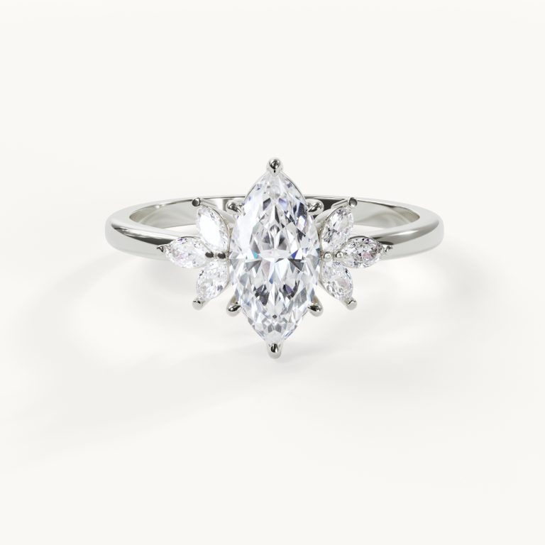 Auréline Marquise engagement ring in white gold with floral accent stones and a slender band