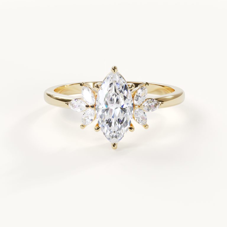 Auréline – Verlovingsring met marquise-vorm en bloemmotief in de accentstenen – Verlovingsring met marquise-vorm van massief goud | Velur