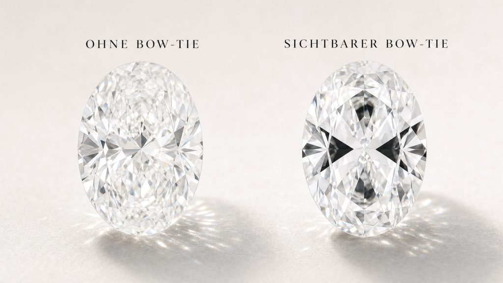 Bow-Tie-Effekt bei ovalem Diamant im Vergleich ohne und mit sichtbarem Bow Tie