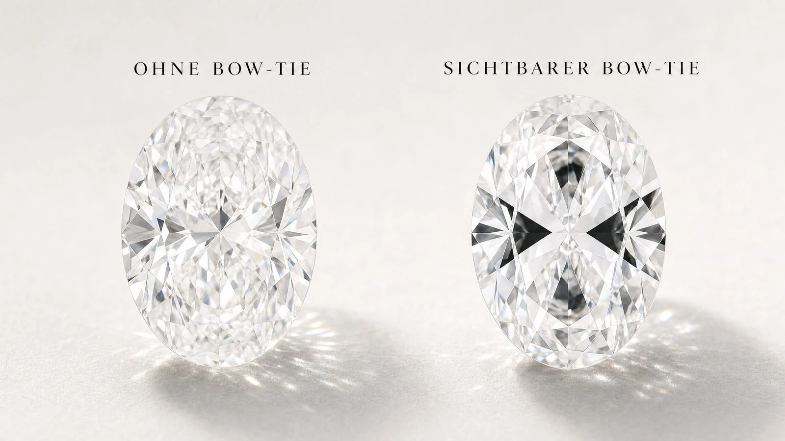 Bow-Tie-Effekt bei ovalem Diamant im Vergleich ohne und mit sichtbarem Bow Tie
