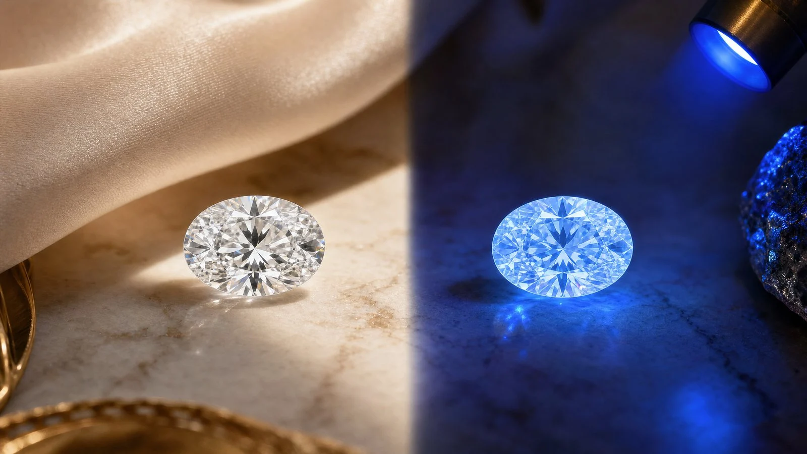 Diamant ohne Fluoreszenz und Diamant mit starker blauer Fluoreszenz im Vergleich