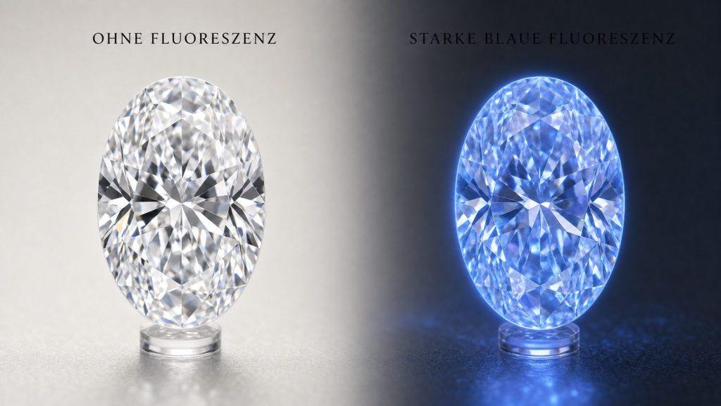 Vergleich eines Diamanten ohne Fluoreszenz und eines Diamanten mit starker blauer Fluoreszenz