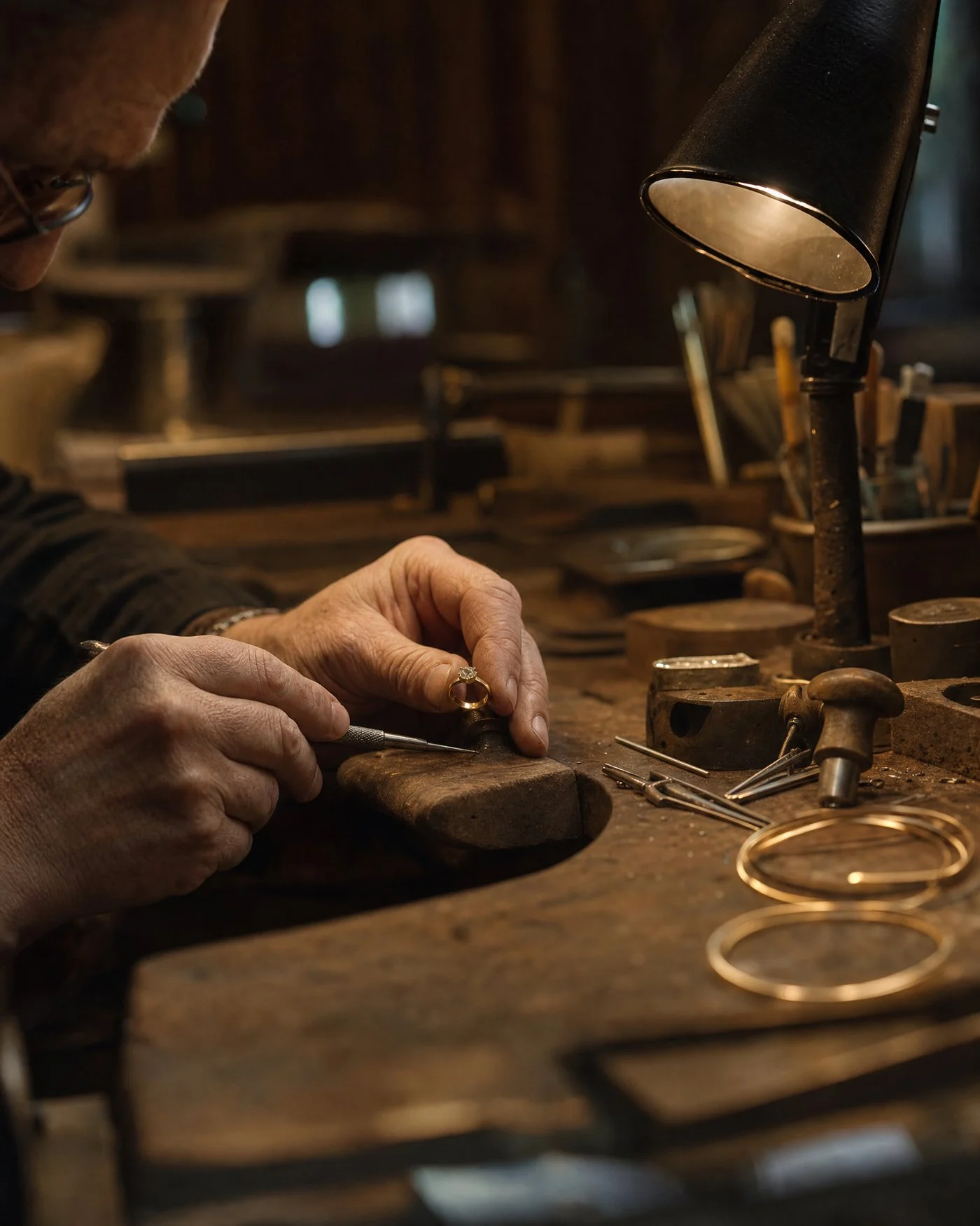 Goldschmied fertigt einen Velur Verlobungsring im Atelier