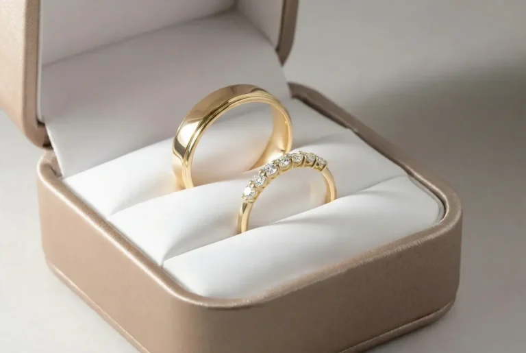 Velur Yellow Gold Wedding Bands in a Case — Simple Band and Memoire Ring