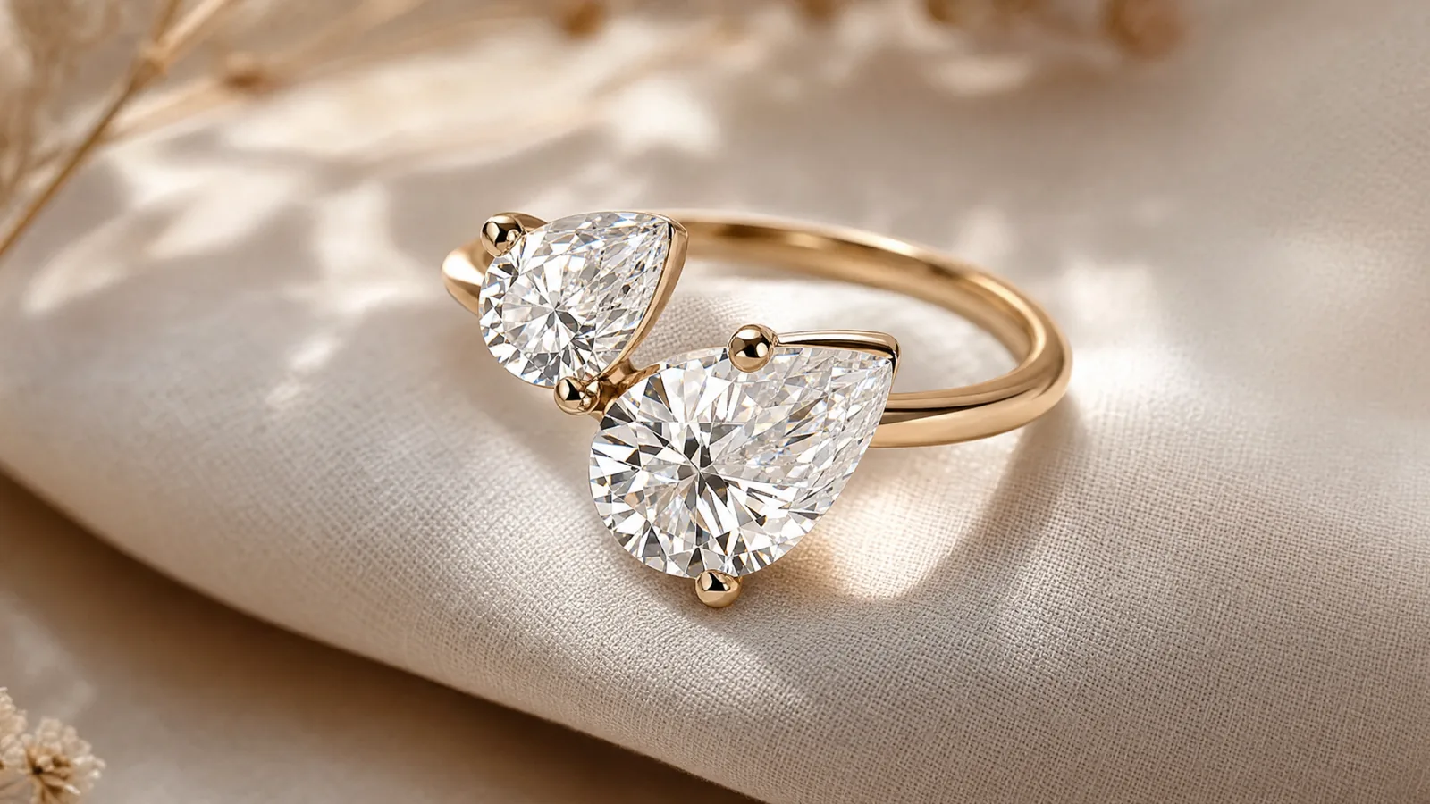 Toi et Moi Ring Detail – zwei Birnendiamanten Seite an Seite in Gelbgold