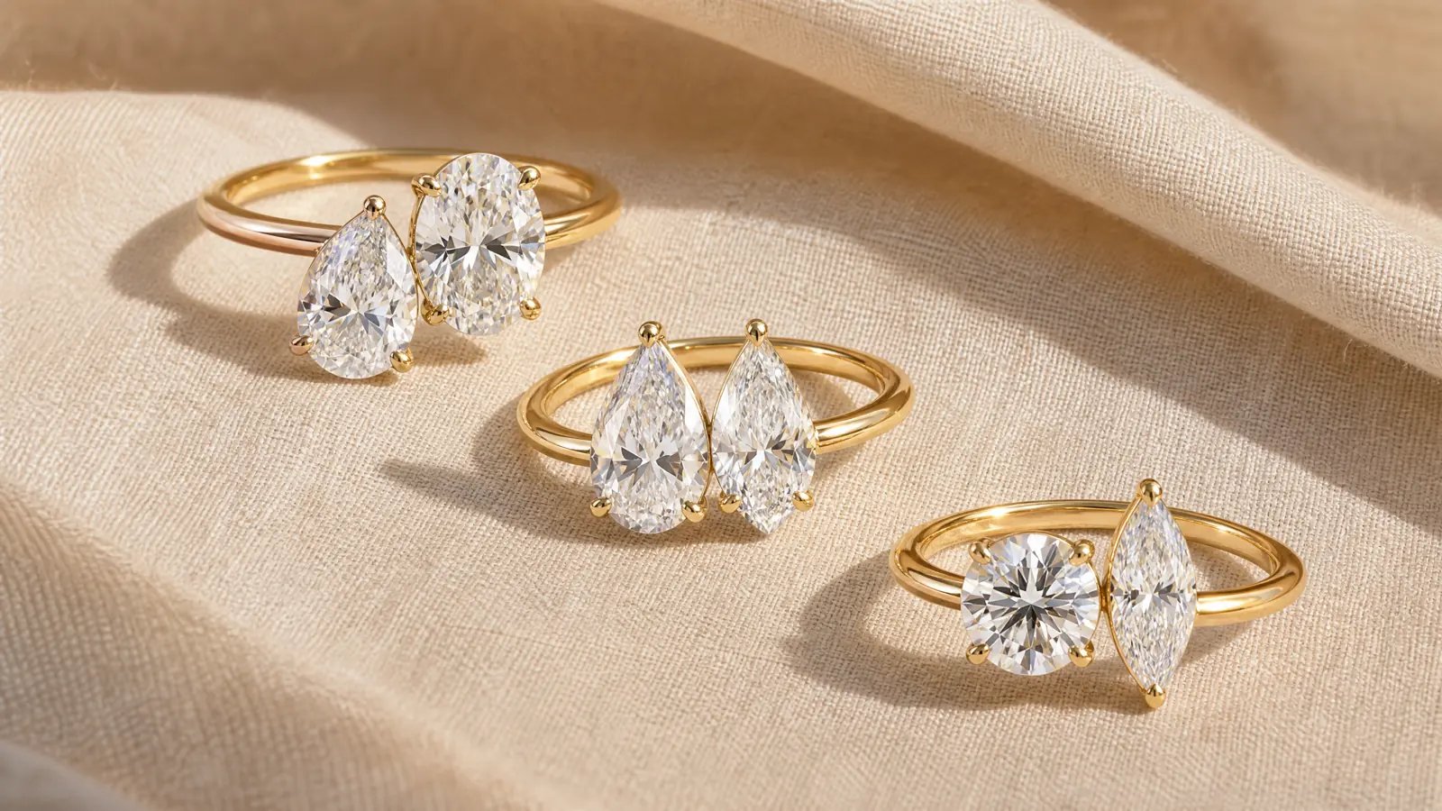 Toi et Moi Ring Steinkombinationen – Birne, Oval, Marquise und Rund in Gelbgold