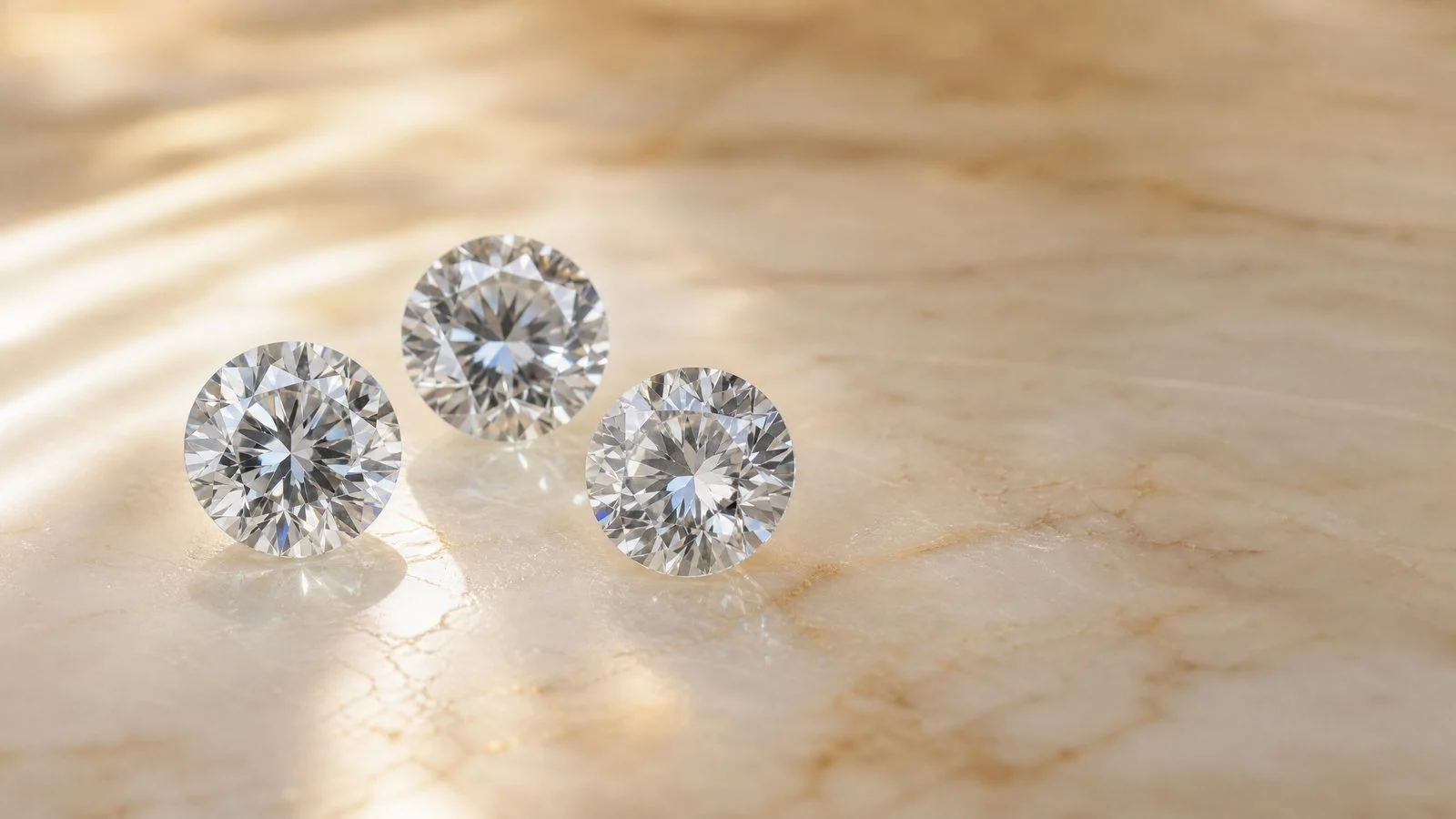 Drei farblose runde Diamanten auf warmem Marmor als Beispiel für Diamanten im Colorless-Bereich