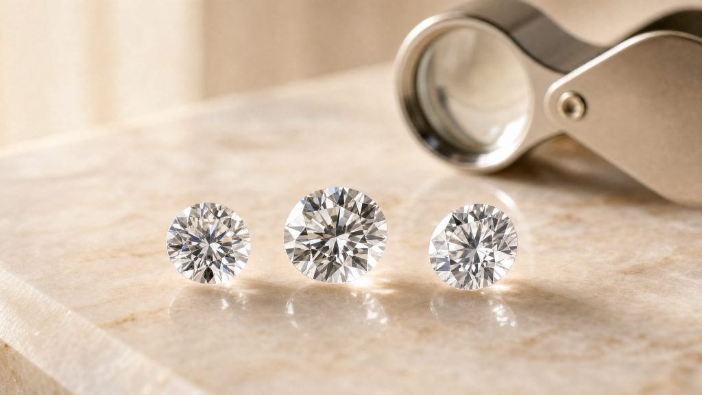 Sehr klare runde Lab-Diamanten mit Juwelierlupe als Symbol für VS1 Diamantreinheit