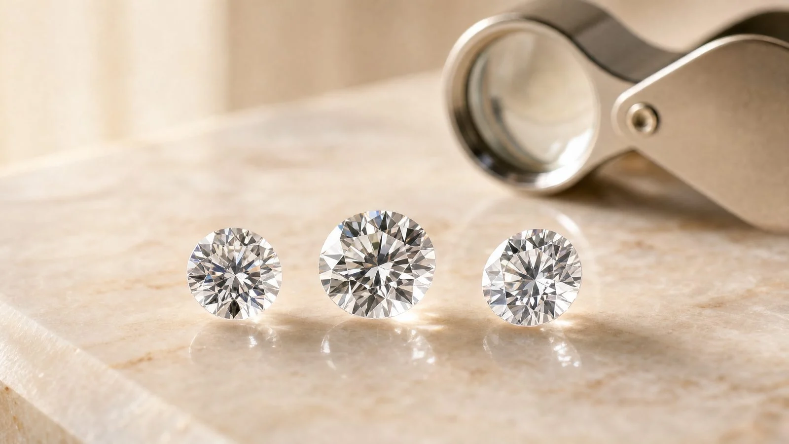 Sehr klare runde Lab-Diamanten mit Juwelierlupe als Symbol für VVS1, VVS2 und VS1 Reinheit