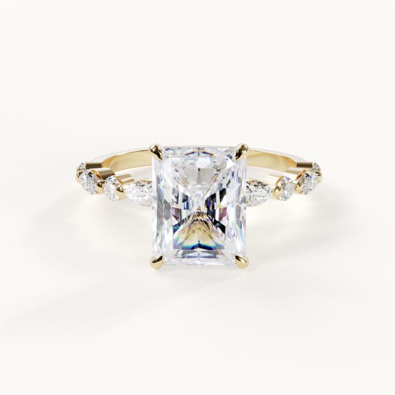 Mooie Radiant-ring met accentstenen van 3 ct, geelgoud – verlovingsring van Velur