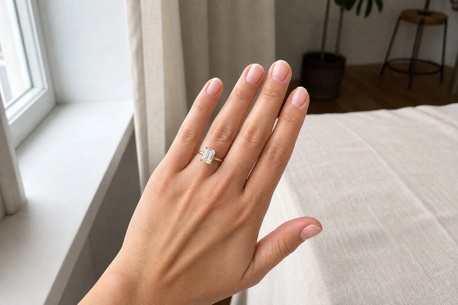 Emerald Cut Verlobungsring aus Gelbgold bei natürlichem Fensterlicht