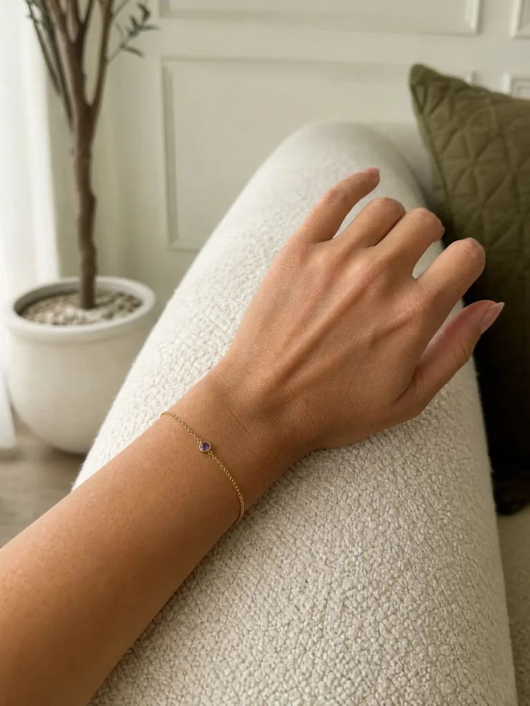 Liora birthstone bracelet with amethyst on the wrist