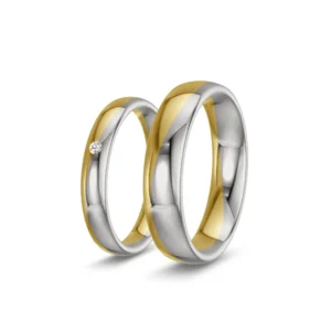 Vague – Two-Tone Wavy Wedding Bands in 585 Yellow Gold &amp; White Gold with a Lab-Grown Diamond