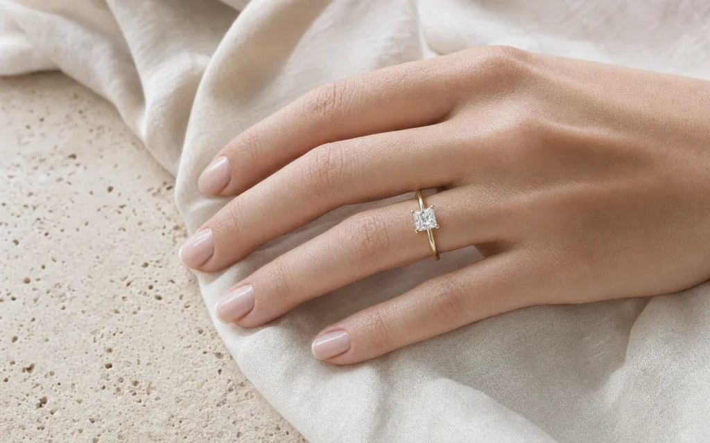 Princess-Cut-Diamant in einem Gelbgold-Solitär am Finger