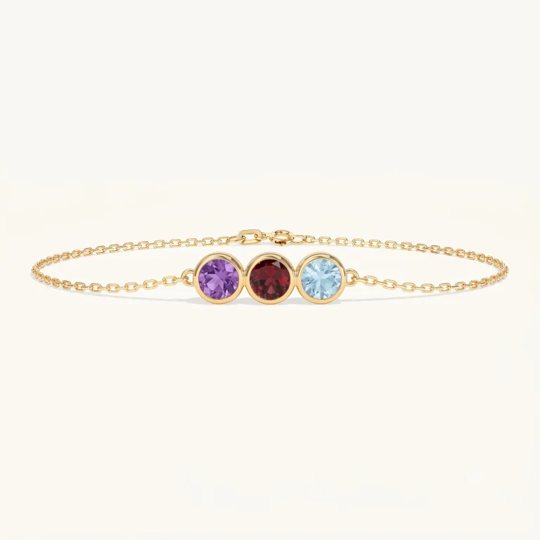 Liora Trio-armband met geboortestenen van goud, met amethist, granaat en aquamarijn