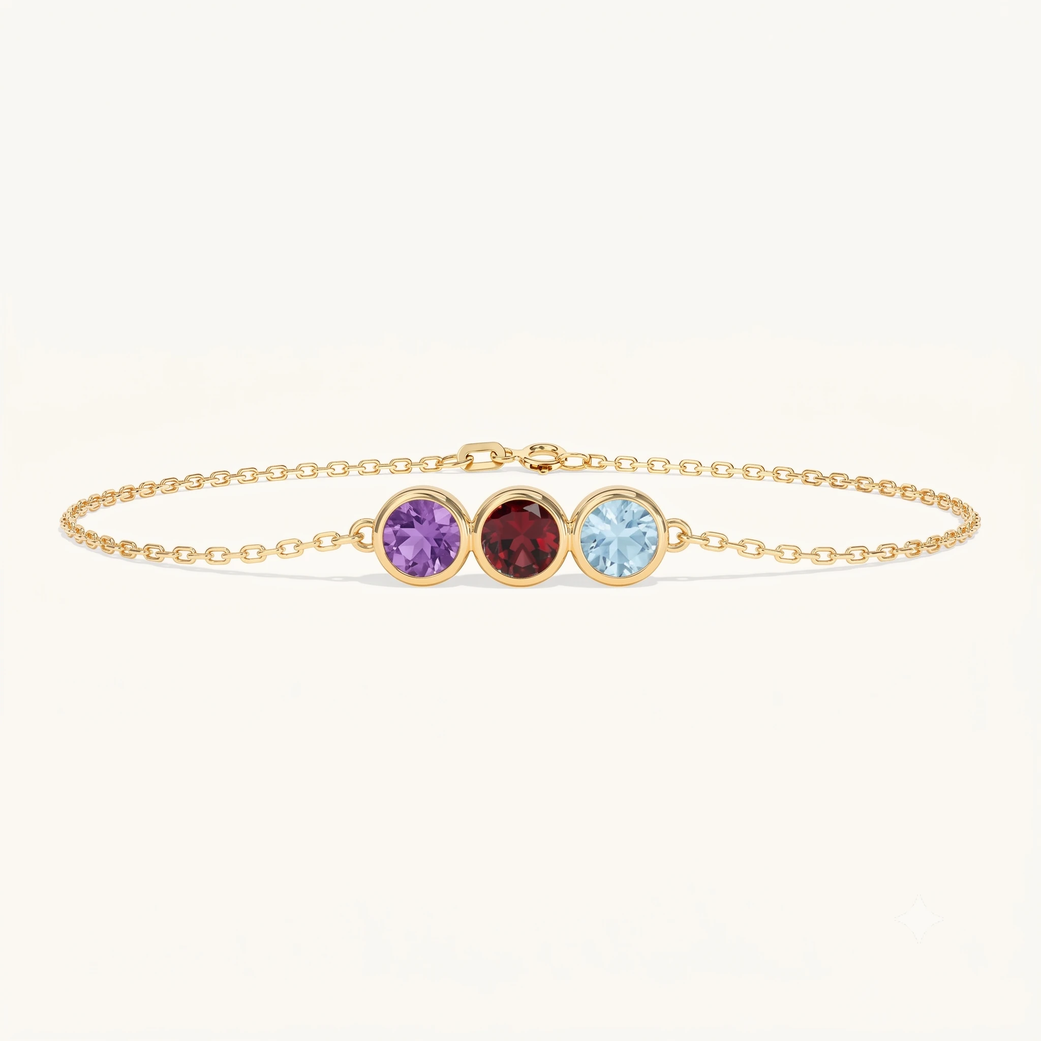 Liora Trio Birthstone Bracelet in Gold with Amethyst, Garnet, and Aquamarine