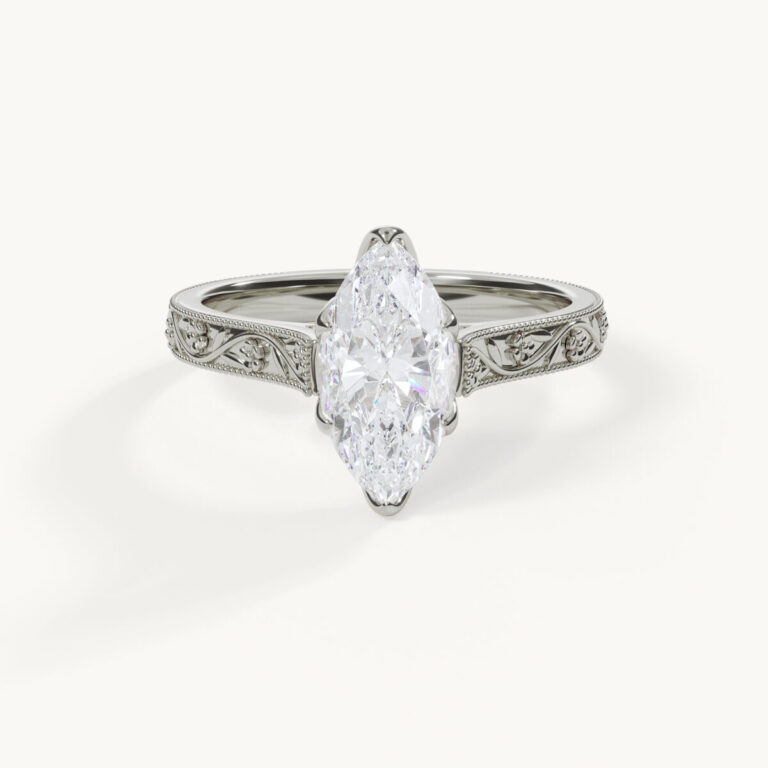 Fleur Chérie - Marquise Ring with Engraved Band - White Gold / Platinum, 1.5 ct.