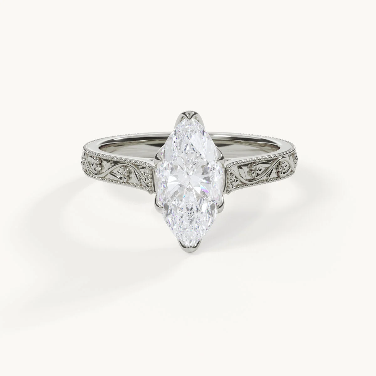 Fleur Chérie - Marquise Ring mit gravierter Ringschiene - Weißgold / Platin, 1,5 ct.