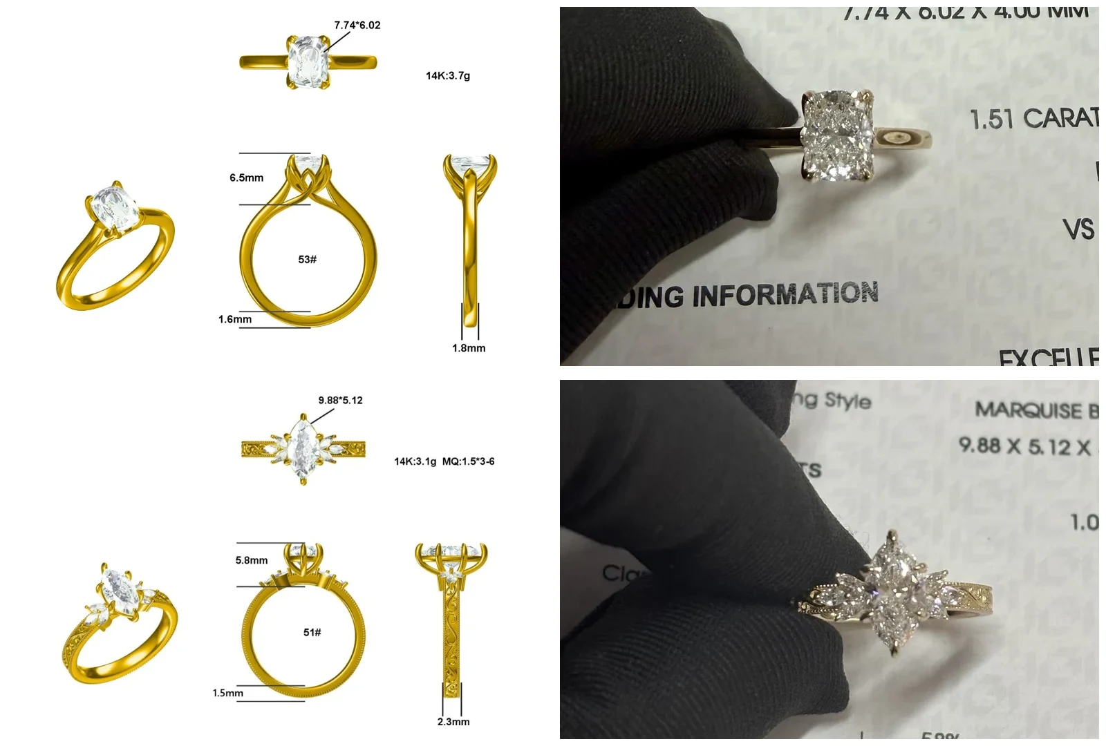 Zwei echte Velur Custom Rings im Vergleich zwischen CAD-Entwurf und fertigem Ring