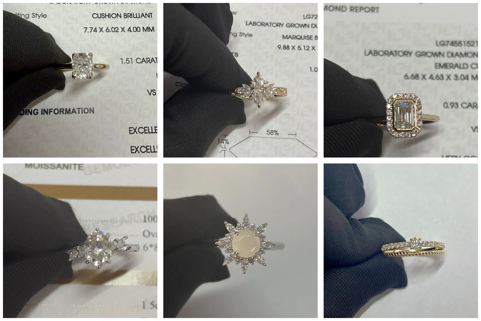 Collage aus sechs echten maßgefertigten Velur Verlobungsringen bei der Endkontrolle