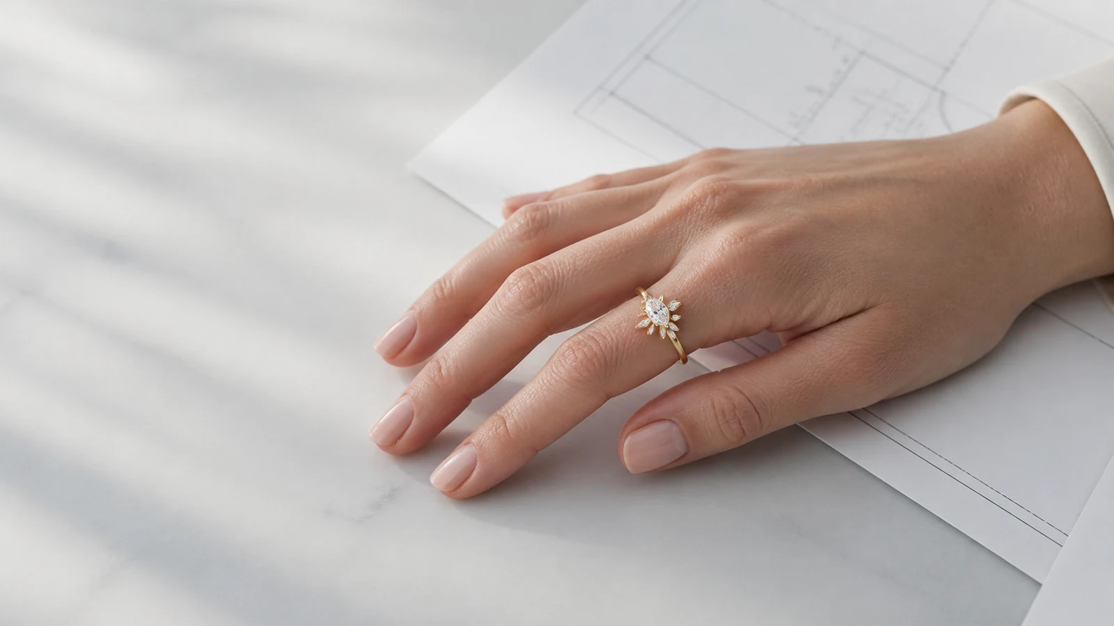 Ausgefallener maßgefertigter Verlobungsring mit Marquise-Stein an einer Hand
