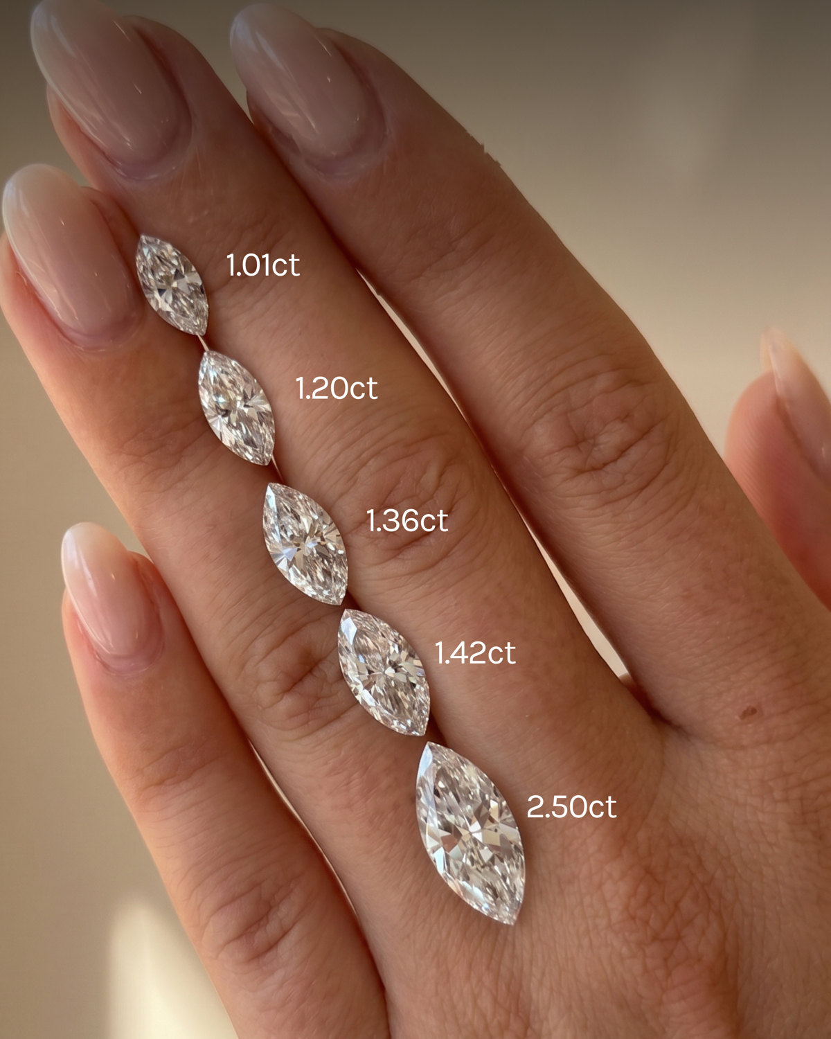 Marquise-Diamanten von 1,01 bis 2,50 Karat im Größenvergleich am Finger