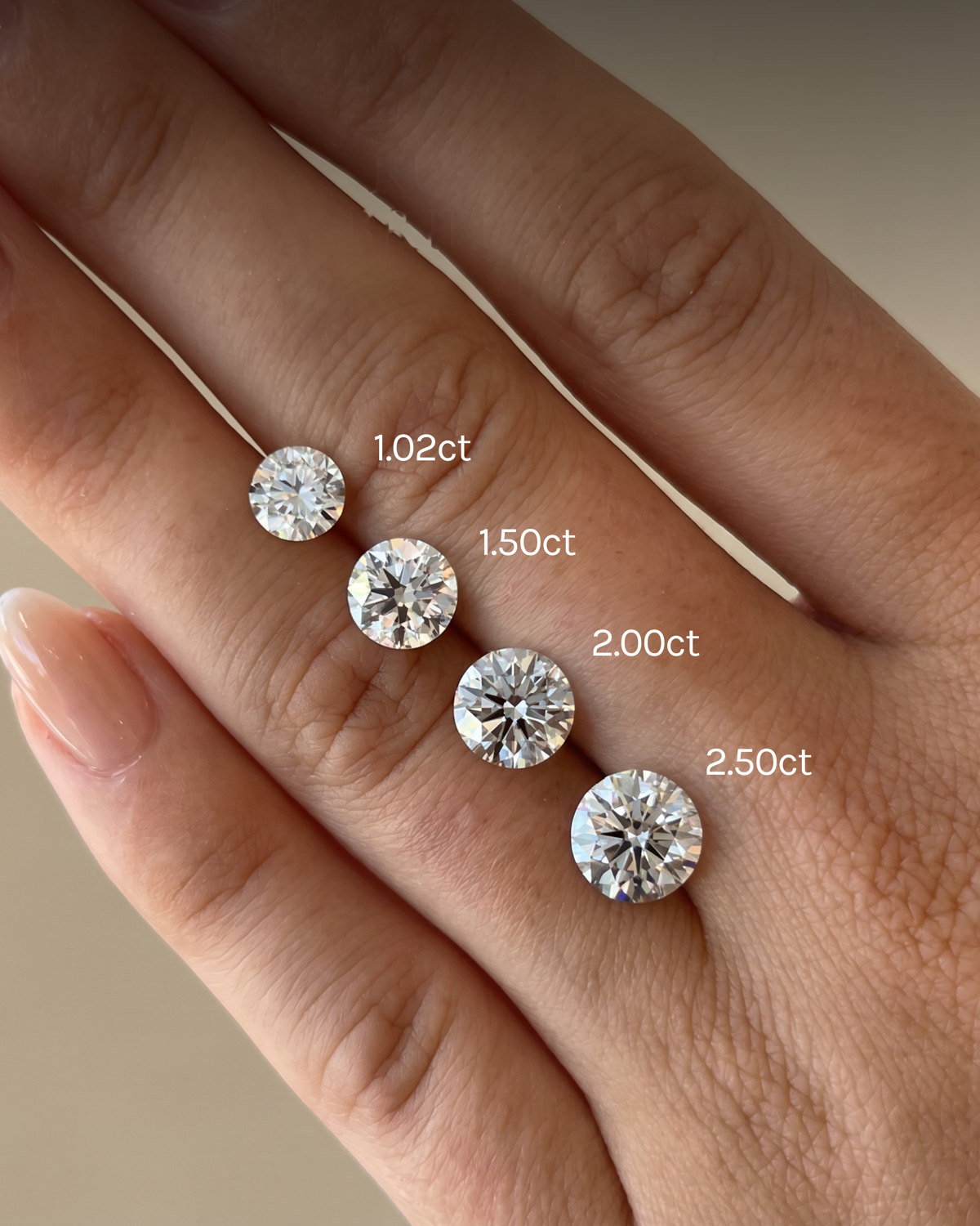 Runde Brillanten mit 1,02, 1,50, 2,00 und 2,50 Karat im Größenvergleich am Finger