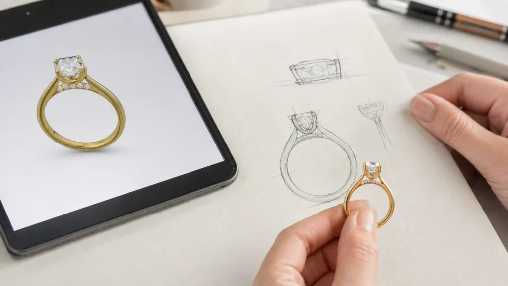 Editoriale Visualisierung eines KI-Ringentwurfs auf einem Tablet neben Skizze und Ringmodell