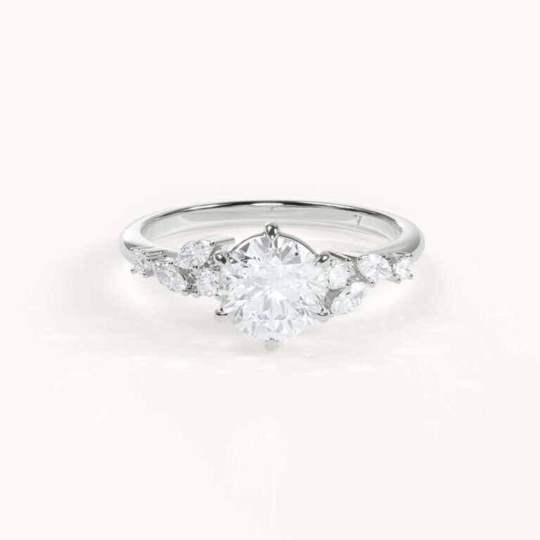 Aimée - Rund Verlobungsring mit floralen Akzentsteinen - Weißgold / Platin, 1 ct.