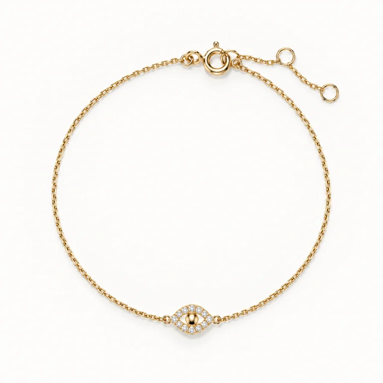 Evil-Eye-Armband aus 14K Gelbgold mit Labordiamanten, feiner Ankerkette und Federringverschluss