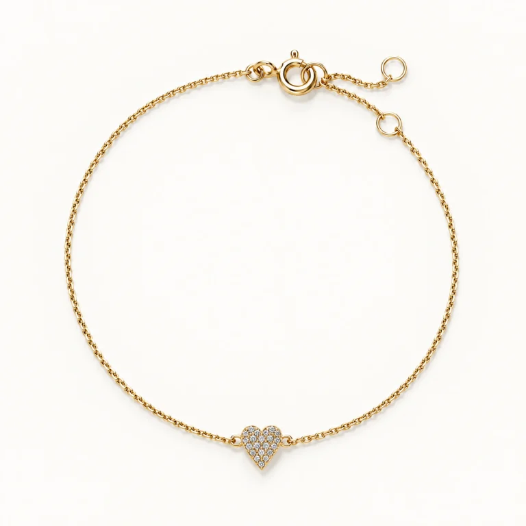 Mini-Herz-Armband in Gelbgold mit Pavé-Labordiamanten, feiner Ankerkette und Federringverschluss
