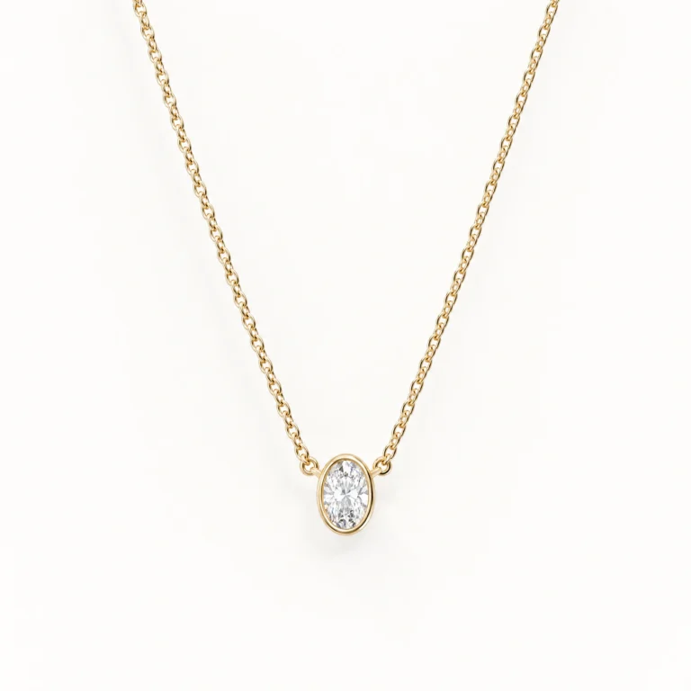 Design sketch of an oval lab-grown diamond necklace in 14K yellow gold with a faceted anchor chain, small version